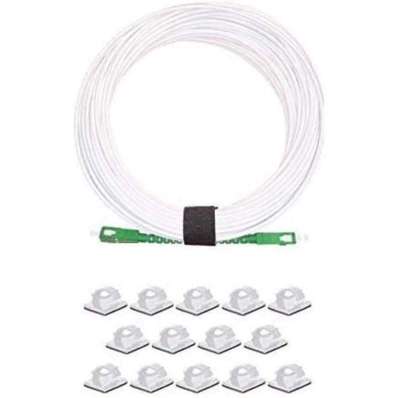 Elfcam Fibre Optic Cable for Orange SFR Bouygues, 25 Pieces Adhesive Cable Clips for Fibre Optic Management, SC/APC to SC/APC Single-Mode White, 20 m 