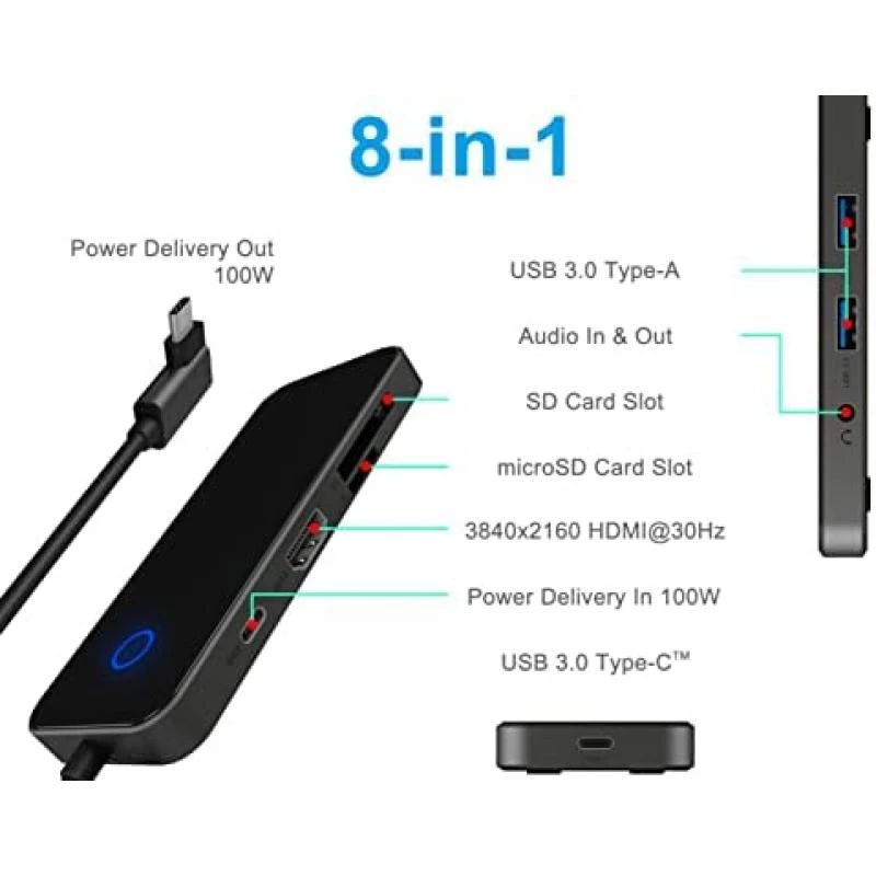 ICY BOX USB-C Docking Station (8-in-1) with 1x HDMI (4K 30Hz), 3x USB 3.0 HUB, 100W Power Delivery, Card Reader, Audio for Laptop, MacBook, iPad Pro or Android Tablet/Smartphone 