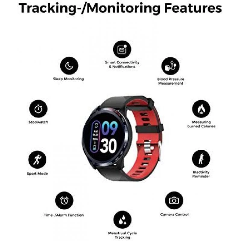 novasmart - runR IV Smartwatch, Fitness Tracker, Activity Tracker, Smart Band with Colour Display, Heart Rate and Blood Pressure Measurements, Sleep Monitor, Calorie Counter, Step Counter - Black/Red 