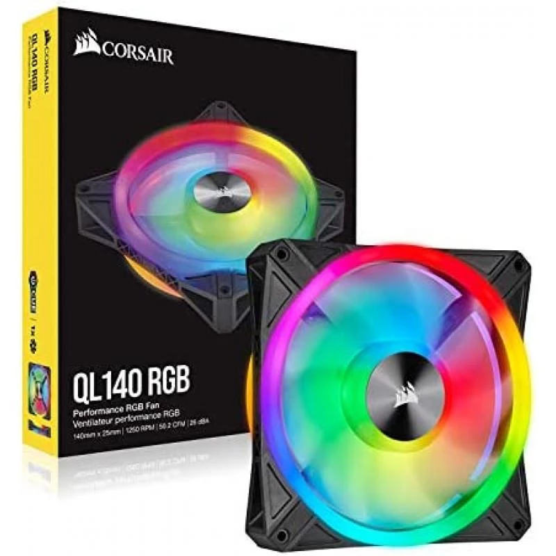 Corsair iCUE QL140 RGB, 140 mm RGB LED PWM Fan (34 Individually Addressable RGB LEDs, Speeds Up to 1,250 RPM, Low-Noise) Single Pack - Black 