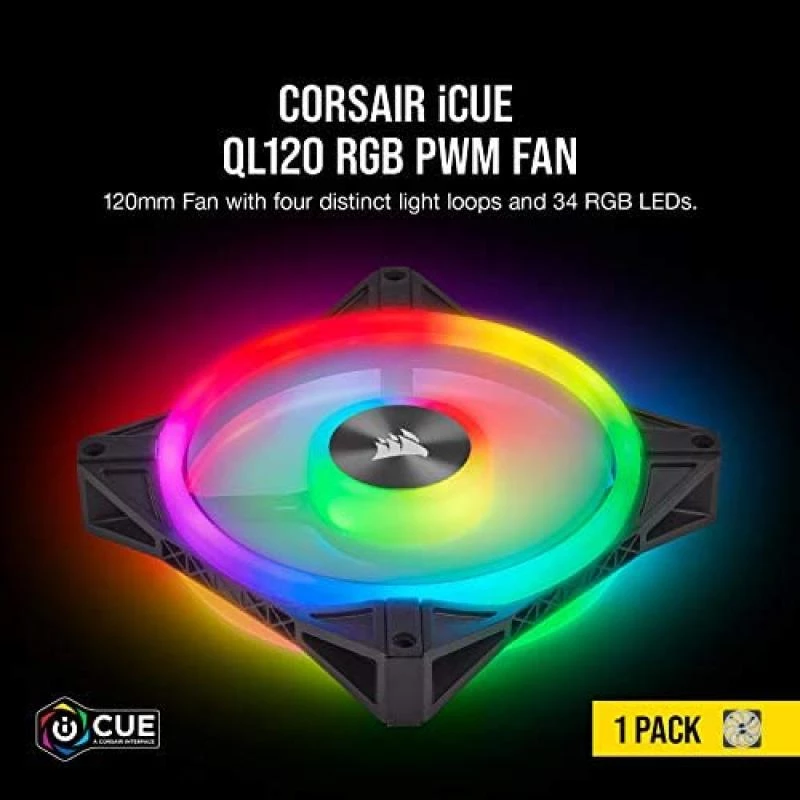 Corsair iCUE QL120 RGB, 120 mm RGB LED PWM Fan (34 Individually Addressable RGB LEDs, Speeds Up to 1,500 RPM, Low-Noise) Single Pack - Black 