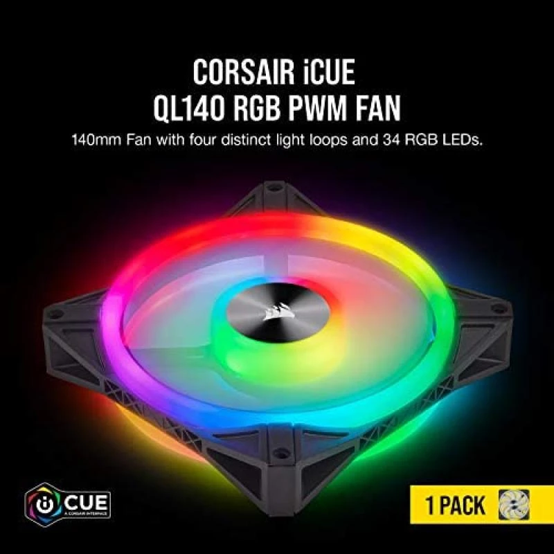 Corsair iCUE QL140 RGB, 140 mm RGB LED PWM Fan (34 Individually Addressable RGB LEDs, Speeds Up to 1,250 RPM, Low-Noise) Single Pack - Black 