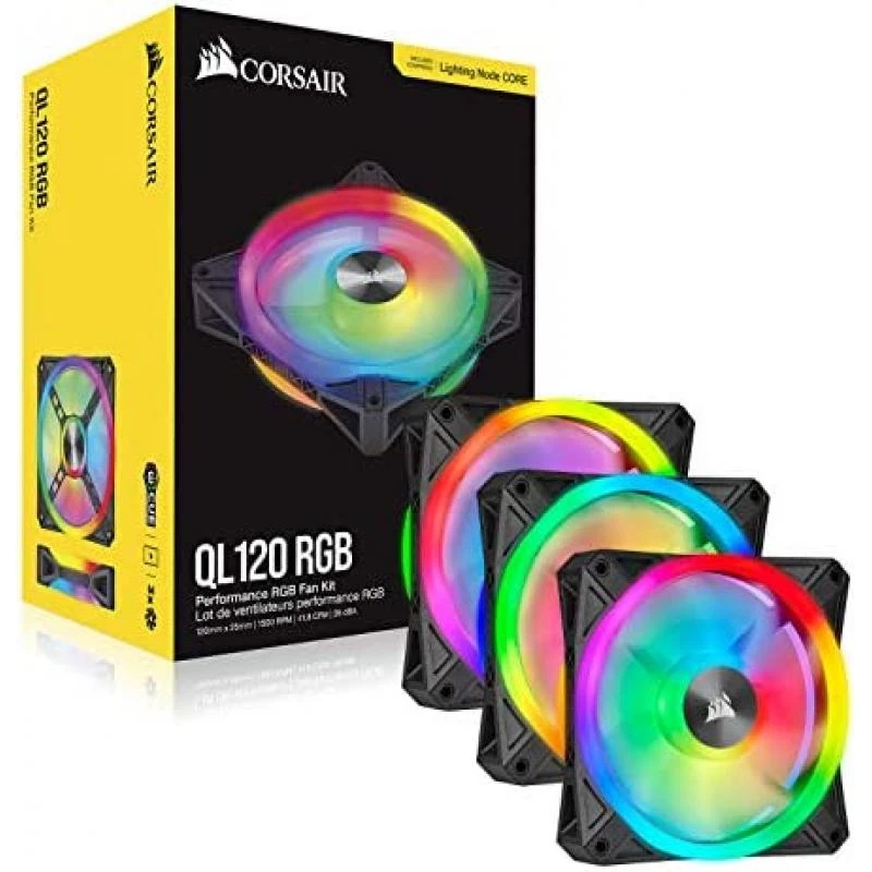 Corsair iCUE QL120 RGB, 120 mm RGB LED PWM Fans (102 Individually Addressable RGB LEDs, Speeds Up to 1,500 RPM, Low-Noise) Triple Pack with iCUE Lighting Node CORE Included - Black 