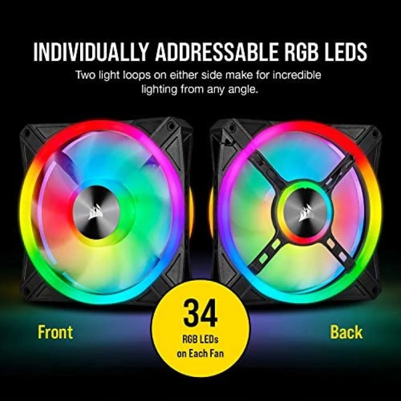 Corsair iCUE QL140 RGB, 140 mm RGB LED PWM Fans (68 Individually Addressable RGB LEDs, Speeds Up to 1,250 RPM, Low-Noise) Dual Pack with iCUE Lighting Node CORE Included - Black 