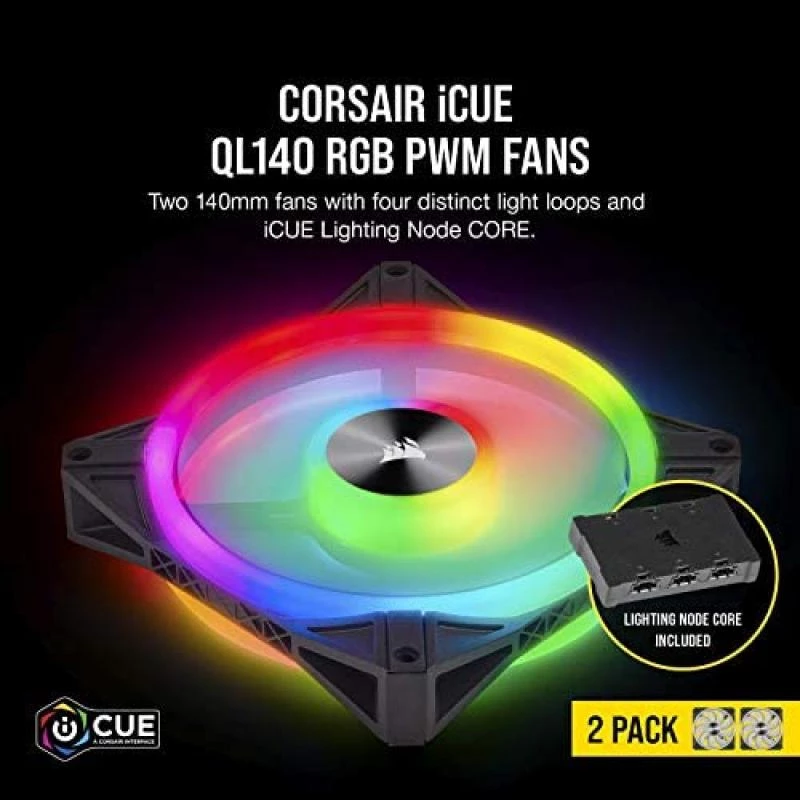 Corsair iCUE QL140 RGB, 140 mm RGB LED PWM Fans (68 Individually Addressable RGB LEDs, Speeds Up to 1,250 RPM, Low-Noise) Dual Pack with iCUE Lighting Node CORE Included - Black 