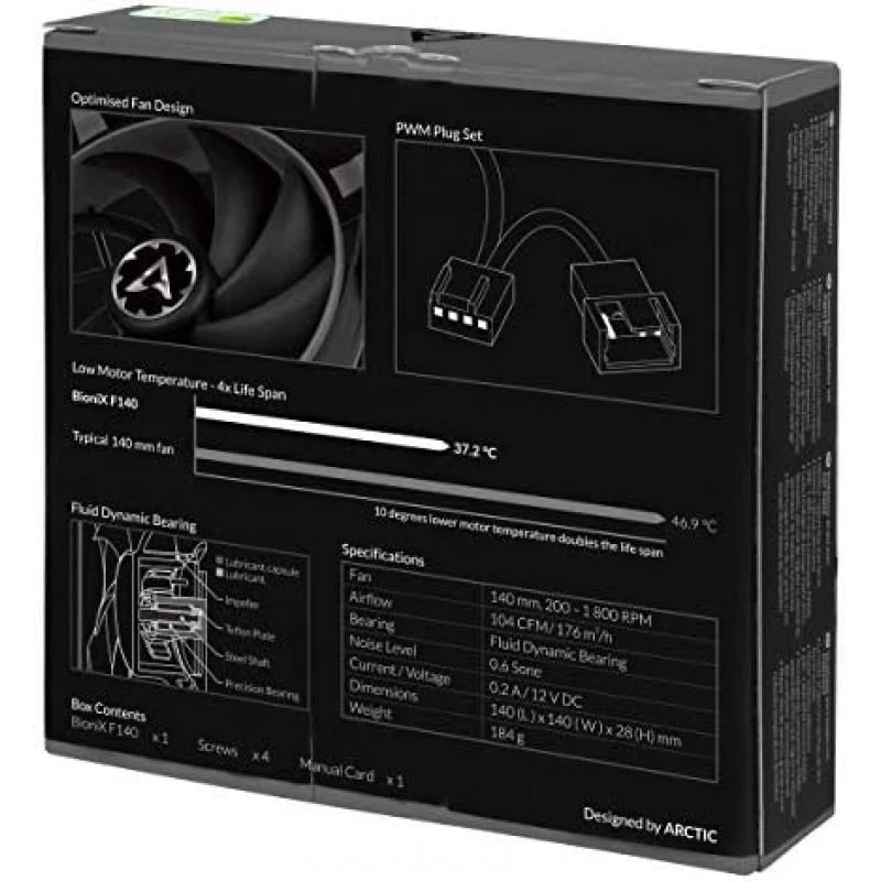 ARCTIC BioniX F140 - 140 mm Gaming Case Fan with PWM Sharing Technology (PST), quiet motor, Computer, Fan Speed: 200-1800 RPM - Grey 