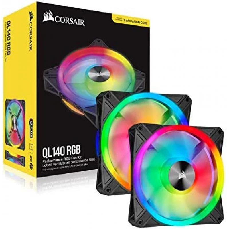 Corsair iCUE QL140 RGB, 140 mm RGB LED PWM Fans (68 Individually Addressable RGB LEDs, Speeds Up to 1,250 RPM, Low-Noise) Dual Pack with iCUE Lighting Node CORE Included - Black 