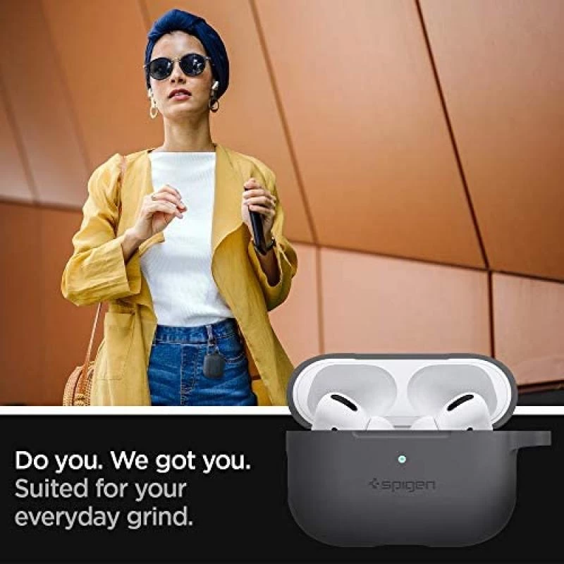 Spigen Silicone Fit Case Compatible with AirPods Pro Case 2019, Protective Case for AirPods Pro Charging Case with Carabiner [Front LED Visible] - Grey 